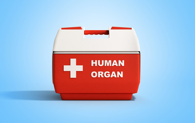 closed human organ refrigerator box red 3d render on blue background