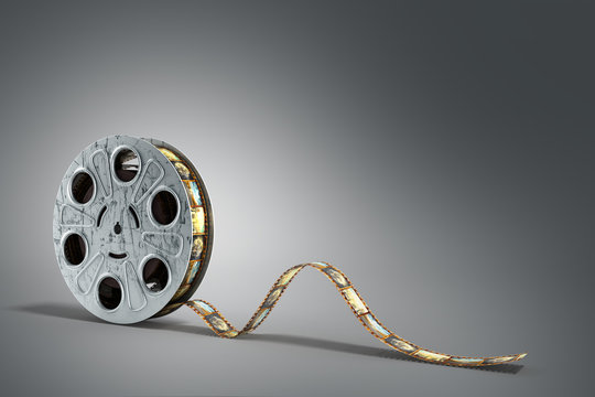 film reel with a film strip 3d render on the grey background