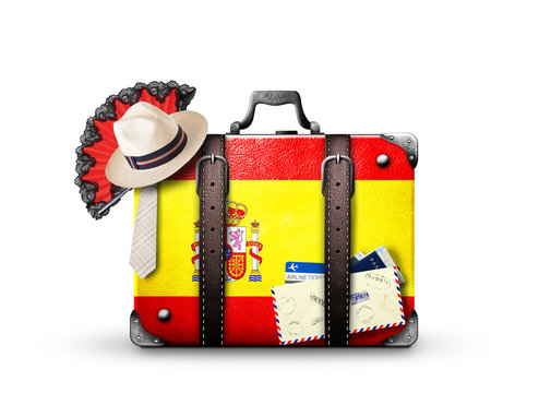 Spain, vintage suitcase with Spanish flag