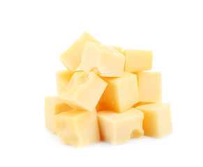 Pieces of delicious cheese on white background