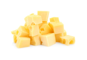 Pieces of delicious cheese on white background
