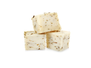 Tasty spice cheese isolated on white