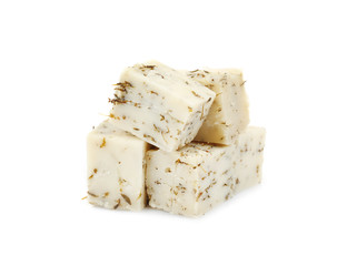 Tasty spice cheese isolated on white