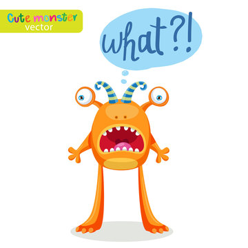 Colorful Monster For Different Emotions. Funny Character With Speech Bubble What? Vector Illustration On A White Background.