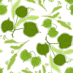 Seamless pattern with blossoming linden tree branches on a white background,  flowers of linden tree.