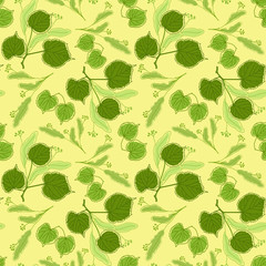 Seamless pattern with blossoming linden tree branches on a yellow background.