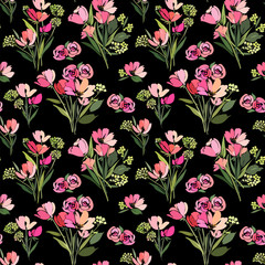 Seamless pattern with bouquets of bright colors on a black background.