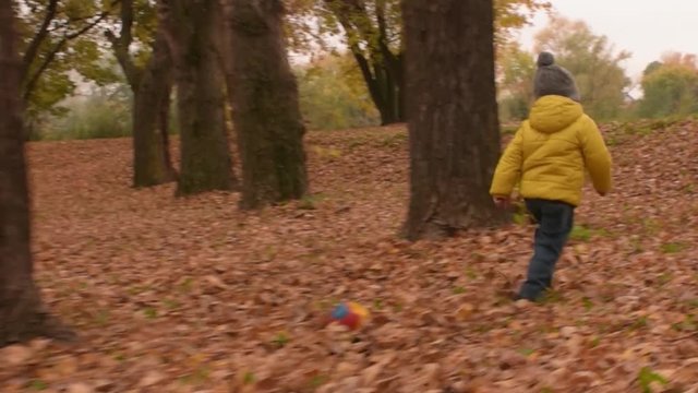 Happy laughing kid runs in autumn park. Smiling three years old boy having fun