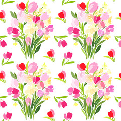 Seamless pattern with flowers tulips on a white background, bright colorful shades.