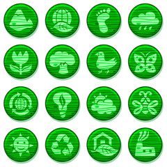 Eco green environment Icons Set, wooden round buttons Isolated On White Background - Vector Illustration, graphic design elements nature and ecology. Cute cartoon style.