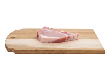 A fresh slice of raw pork on wooden cutting board