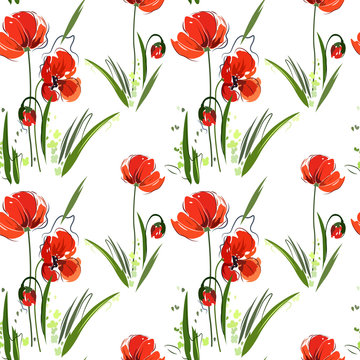 Seamless abstract pattern with red flowers on a white background poppies.