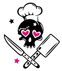 Girlie Totenkopf mit Kochmütze, Messer und Hackebeil. Fun.