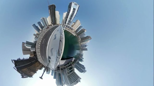 Little planet, view of the Dubai center with futuristic skyscrapers