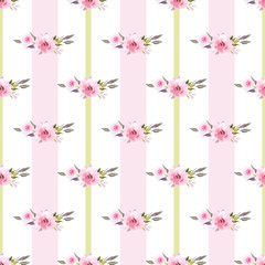 Pink roses bouquet watercolor seamless pattern.