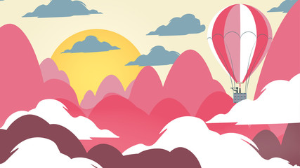 Paper-cut Style Applique Mountain Landscape with Hot Air Balloon - Vector Illustration.