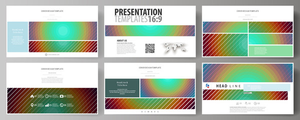 Business templates in HD format for presentation slides. Abstract vector layouts in flat style. Minimalistic design with circles, diagonal lines. Geometric shapes forming beautiful retro background.
