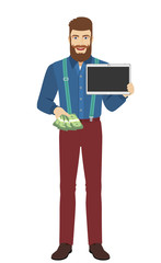 Hipster with cash money showing blank digital tablet PC