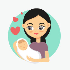 Mother holding her little baby. How to take care of the child illustration