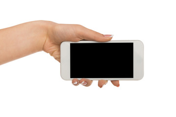 Female hand hold blank mobile phone screen