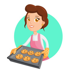 Woman cooking. Vector illustration of a girl holding cookies.