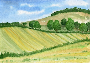 Watercolor landscape with hills, forest and field in green tones. - 144820494
