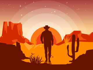 Wild west landscape with cowboy silhouette