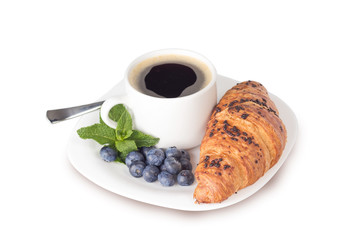 french breakfast, a cup of coffee and croissant isolated on white