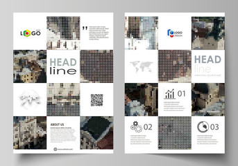 Business templates for brochure, magazine, flyer, report. Cover design template, abstract vector layout in A4 size. Colorful background made of dotted texture for travel business, urban cityscape.