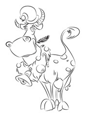 Cartoon image of cow wearing christmas hat. An artistic freehand picture.
