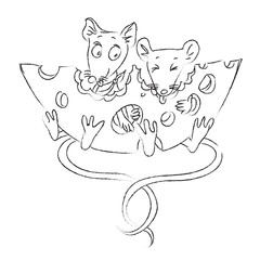 Cartoon image of mice with cheese. An artistic freehand picture.