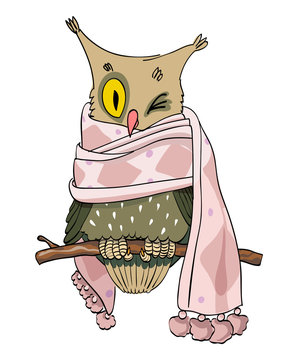 Cartoon image of owl wearing scarf. An artistic freehand picture.
