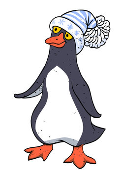 Cartoon image of penguin wearing hat. An artistic freehand picture.