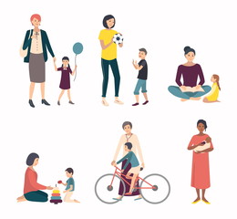 Mothers with children, baby. Set with various characters in games, walk, training. Colorful flat illustrations.