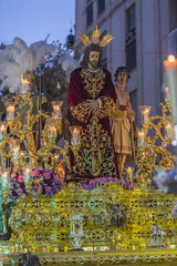 Brotherhood of Jesus corsage making station of penitence in front at the town hall, Linares, Jaen...