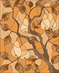 Illustration in the style of a stained glass window with the branches of pear  tree , the fruit branches and leaves against,tone brown,Sepia