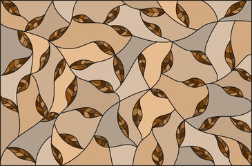 Naklejki  Ilustracja w stylu witrażu z brązowymi liśćmi na beżowym tle ,monochromatyczna