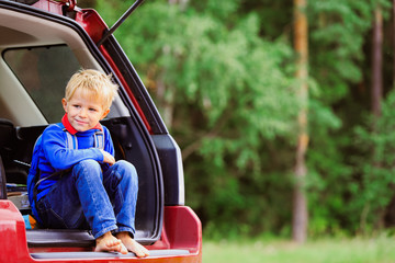 happy little boy travel by car in summer nature