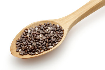 Chia seeds in a wooden spoon