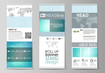 The minimalistic vector illustration of the editable layout of roll up banner stands, vertical flyers, flags design business templates. Futuristic high tech background, dig data technology concept.