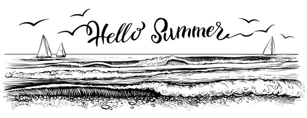 Fototapeta premium Witaj lato, napis z panoramicznym widokiem na fale oceanu lub morza i jachty. Ilustracji wektorowych.