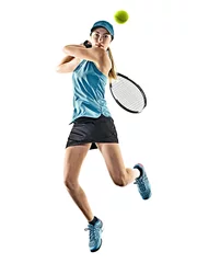 Poster one young caucasian tennis woman isolated in silhouette on white background © snaptitude