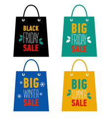 Set of advertising shopping bags. Big winter, summer, holiday sale, black friday sale.
