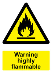 Black and Yellow Warning Sign isolated on a white background -  Highly flammable