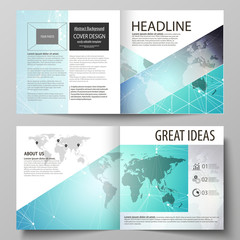The vector illustration of the editable layout of two covers templates for square design bi fold brochure, magazine, flyer, booklet. Molecule structure, connecting lines and dots. Technology concept.