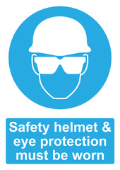 Blue Mandatory Sign isolated on a white background -  Safety helmet and eye protection must be worn