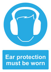 Blue Mandatory Sign isolated on a white background -  Ear protection must be worn