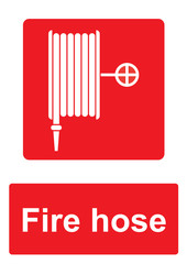 Red Fire Equipment Sign isolated on a white background -  Fire hose