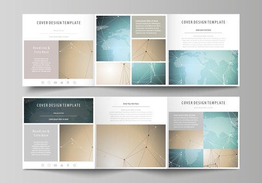 The abstract minimalistic vector illustration of the editable layout. Two creative covers design templates for square brochure. Chemistry pattern with molecule structure. Medical DNA research.