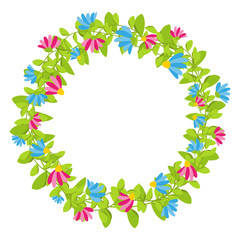 Spring floral wreath with red and blue blooms isolated vector